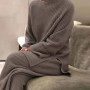 Women Fashion Soft Homewear 2 Piece Set Elegant O Neck Pullover Tops And Knitted Pants Solid Pajama Suit