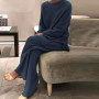 Women Fashion Soft Homewear 2 Piece Set Elegant O Neck Pullover Tops And Knitted Pants Solid Pajama Suit