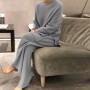 Women Fashion Soft Homewear 2 Piece Set Elegant O Neck Pullover Tops And Knitted Pants Solid Pajama Suit