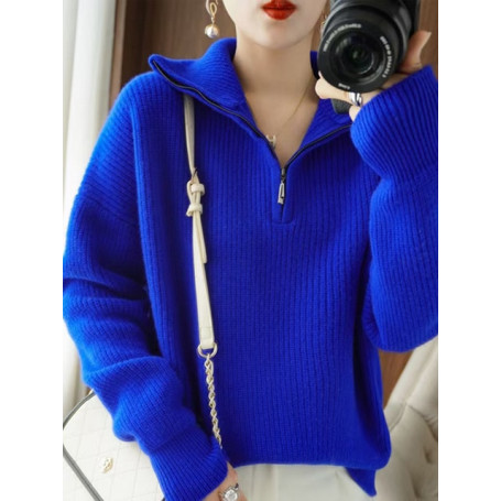 Women Turtleneck Zippers Sweaters Solid Pullover Long Sleeve Casual Knitted Sweater