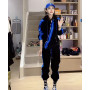 Women 2-piece New Color Matching Hooded Sports And leisure Suit diagonal zipper loose jacket + pants
