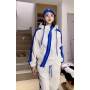 Women 2-piece New Color Matching Hooded Sports And leisure Suit diagonal zipper loose jacket + pants