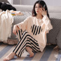 Women Fake 1 For 3 Spring Combed Cotton Embroidery Duck Pajama Sets  Striped Sleepwear Loungewear