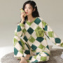 Women Fake 1 For 2 Spring Combed Cotton Pajama Sets Plaid Sleepwear Loungewear