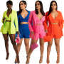 Women Fashion Three Piece Suit Set Solid Color Blazer Button Camis Shorts Set