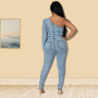 Women One Shoulder Denim Skinny Jumpsuit High Waist One Piece Outfits Pencil Pants Jeans Rompers Sexy Bodycon Overalls Bodysuits