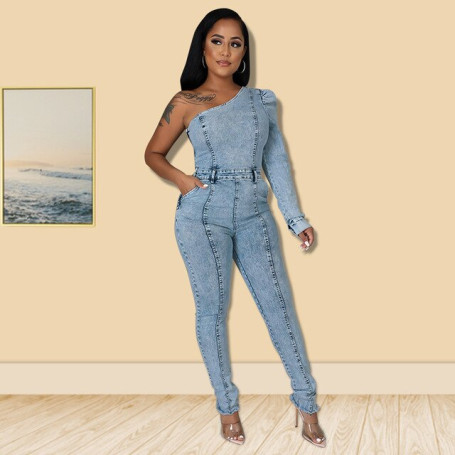 Women One Shoulder Denim Skinny Jumpsuit High Waist One Piece Outfits Pencil Pants Jeans Rompers Sexy Bodycon Overalls Bodysuits