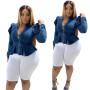 Women Plus Size XL-5XL Streetwear Solid Ruffles Denim Jackets Fashion V-Neck Full Sleeve Zipper Short Coats