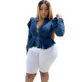 Women Plus Size XL-5XL Streetwear Solid Ruffles Denim Jackets Fashion V-Neck Full Sleeve Zipper Short Coats