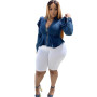 Women Plus Size XL-5XL Streetwear Solid Ruffles Denim Jackets Fashion V-Neck Full Sleeve Zipper Short Coats