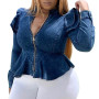 Women Plus Size XL-5XL Streetwear Solid Ruffles Denim Jackets Fashion V-Neck Full Sleeve Zipper Short Coats