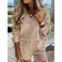 Women V Neck Sweater And Shorts Outfit Casual Femme Streetwear Solid Two Piece Set Loose Straight Elastic Waist Shorts 2pcs Suit