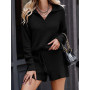 Women V Neck Sweater And Shorts Outfit Casual Femme Streetwear Solid Two Piece Set Loose Straight Elastic Waist Shorts 2pcs Suit
