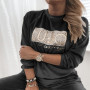 Women Retro Round Neck Velvet Sweatshirt Pullover Casual Long Sleeve Tops Letter Print Sequin
