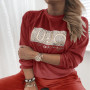 Women Retro Round Neck Velvet Sweatshirt Pullover Casual Long Sleeve Tops Letter Print Sequin