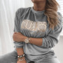 Women Retro Round Neck Velvet Sweatshirt Pullover Casual Long Sleeve Tops Letter Print Sequin