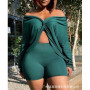 Women's Solid Color Slim Sexy Long Sleeve Backless Slash Neck Slit Irregular Top High Waist Straight Shorts Suit