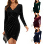 Women's Autumn Winter Velvet Dresses long sleeves Sexy V Neck Party Club Outfit Skirts Wrap Bodycon Dress