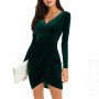 Women's Autumn Winter Velvet Dresses long sleeves Sexy V Neck Party Club Outfit Skirts Wrap Bodycon Dress