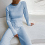 Women Solid Knit Sweater Sets Casual O Neck And Drawstring Wide Leg Pant Suit Home wear Loose Outfits