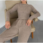 Women Solid Knit Sweater Sets Casual O Neck And Drawstring Wide Leg Pant Suit Home wear Loose Outfits