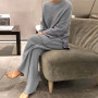 Women New Solid Two Piece Set Casual O-Neck Pullover Tops + Knitted Pants Home Suits Fashion Soft Homewear Pajama