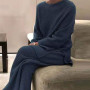 Women New Solid Two Piece Set Casual O-Neck Pullover Tops + Knitted Pants Home Suits Fashion Soft Homewear Pajama