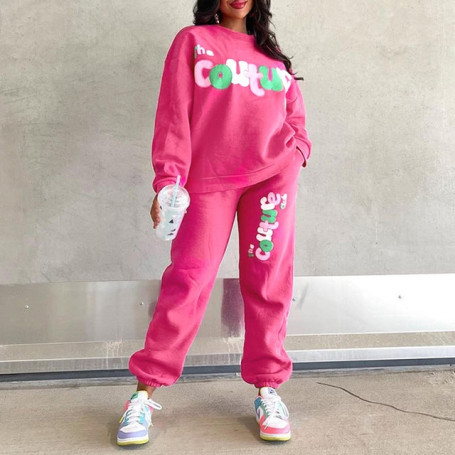 Women O Neck Tops & Long Pants Outfits Retro Letter Print Casual Long Sleeve Loose Sweatpants Sweatshirt Tracksuit Sets