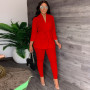 Women Casual Two Piece Set Solid V-Neck Lace-up Shirt Tight Pants Two-piece Suit