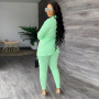 Women Casual Two Piece Set Solid V-Neck Lace-up Shirt Tight Pants Two-piece Suit