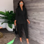 Women Casual Two Piece Set Solid V-Neck Lace-up Shirt Tight Pants Two-piece Suit