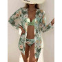 Three Pieces Bikinis Set Cover Up Women Floral Print Push Up Twist Swimsuit 2023 Female Long Sleeve Beach Bathing Suit Swimwear
