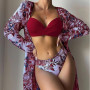 Three Pieces Bikinis Set Cover Up Women Floral Print Push Up Twist Swimsuit 2023 Female Long Sleeve Beach Bathing Suit Swimwear