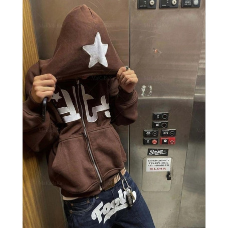 Women Men Vintage Star Pattern Hoodie Fairy Grunge Long Sleeve Zipper Jacket Harajuku Oversize Sweatshirt