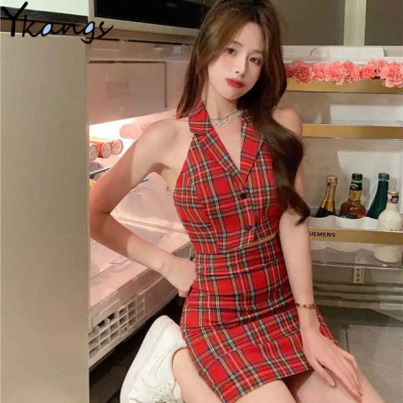 High Waisted Aesthetic Plaid Hip Skirts Sets Sexy Streetwear Fashion Kawaii Crop Top Summer Suit 2 Piece Sets Womens Outfits
