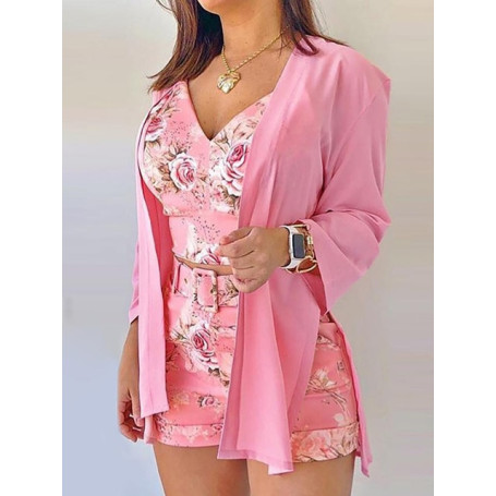 Spaghetti Strap Floral Print Top & Shorts & Coat Set Women 3 Piece Set