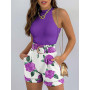 Solid Sleeveless Tank Tops & Pocket Design Floral Print Belted Shorts Set Women Two Piece Set