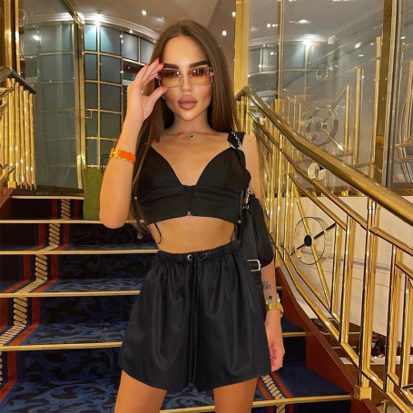 Women Commute Ins New Hollow Zipper Waist Temperament Sexy Short and Sleeveless Tops Set