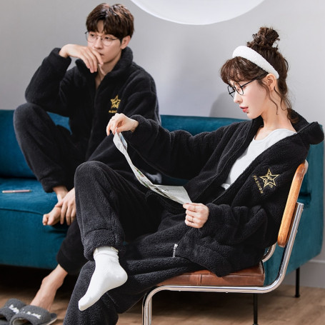 Men Women Flannel Zipper Couple Pajama Sets Sleepwear Matching Young Lover Homewear Casual Lounge