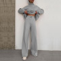 Women Elegant Fashion Fleece Outfit Turtleneck Tops And Wide Leg Pants Suits Casual Solid Two Piece Set