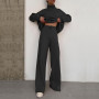 Women Elegant Fashion Fleece Outfit Turtleneck Tops And Wide Leg Pants Suits Casual Solid Two Piece Set