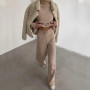 Women Elegant Fashion Fleece Outfit Turtleneck Tops And Wide Leg Pants Suits Casual Solid Two Piece Set