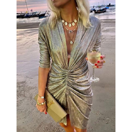 Women Sexy Deep V Neck Draped Silk New Elegant Slim Slit Mini Dress Casual Solid Bodycon Dresses