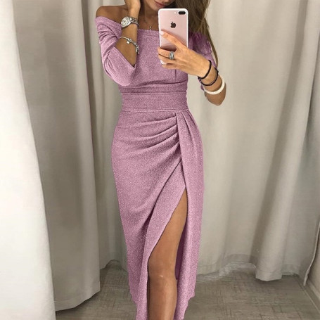 Women New High Waist Vintage Bling Sexy Dresses Off Shoulder Bright Silk Shiny Party Dress Lady Split Bodycon Dress