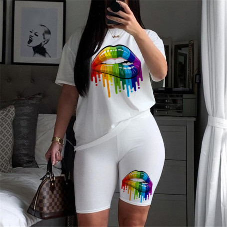 Women Two Piece Set Lips T Shirts And Shorts  Sexy Outfit For Woman Clothing
