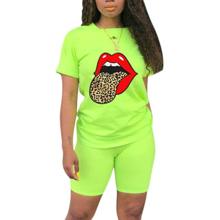 Women's 2 Pieces Sequin Lips&Butterfly Print Top and Short Pants with Pocket Sweat suit Set Outfits