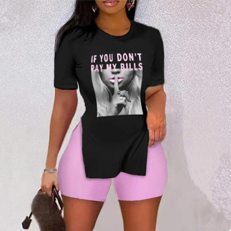 Women Shorts Suit Sets Short Sleeve Round Neck Plaid Letter Print Split Hem Top and Shorts Set