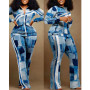 Women Fashion Sweatpants Sets Two Piece Set Tracksuits Denim Look Print Zip Up Top & Pants Set
