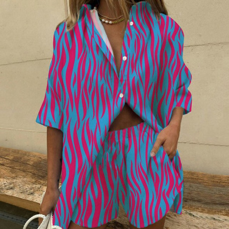 Women Two Piece Set Casual Print Suit Short Sleeve Shirt Shorts Sets