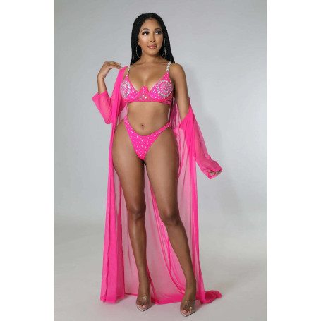 Women High Waist Bikinis Sexy 3 Piece Bikini Cover Up Swimsuit Long Sleeve Luxury Bling Rhinestone Push Up Swimwear Set